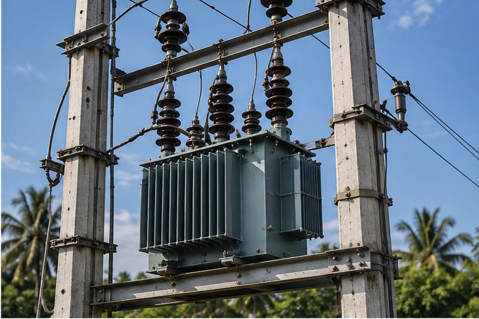 Bushings, radiators and high-voltage connections of the distribution transformer.