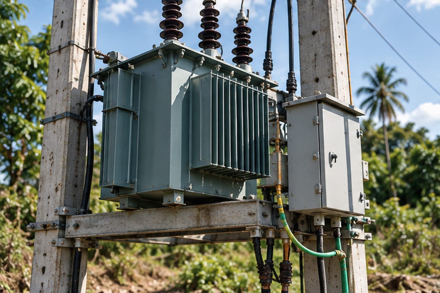 A double-pole 11 kV distribution transformer structure on the project route.